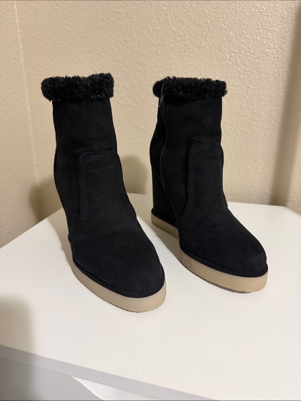 Black Faux-Suede Wedge Ankle Boots with Fur Trim